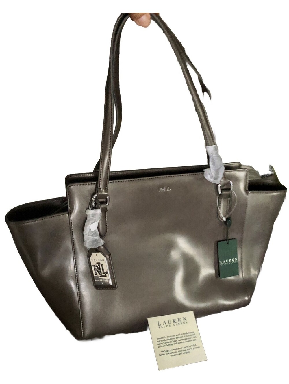 Ralph Lauren Large Leather Shoulder Bag Metal Grey NWT